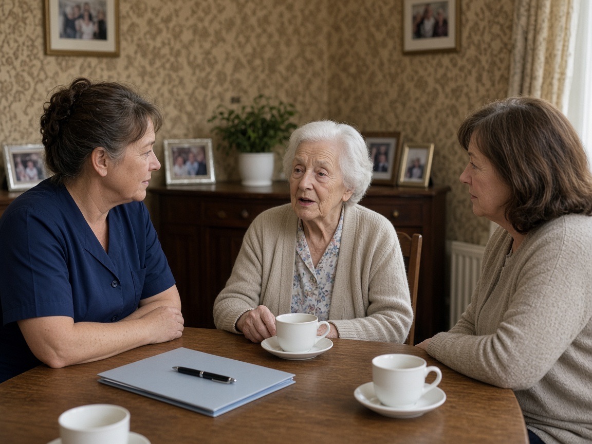 A carer sitting at a dining table listening to an older woman and her daughter over a cup of tea