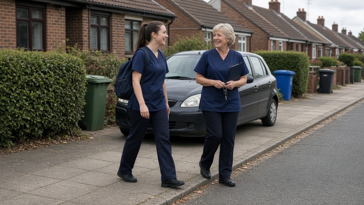 Two carers in navy tunics walking along a residential street on their morning round
