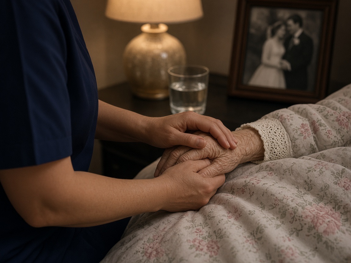 A carer gently holding the hand of an elderly woman resting in bed at home