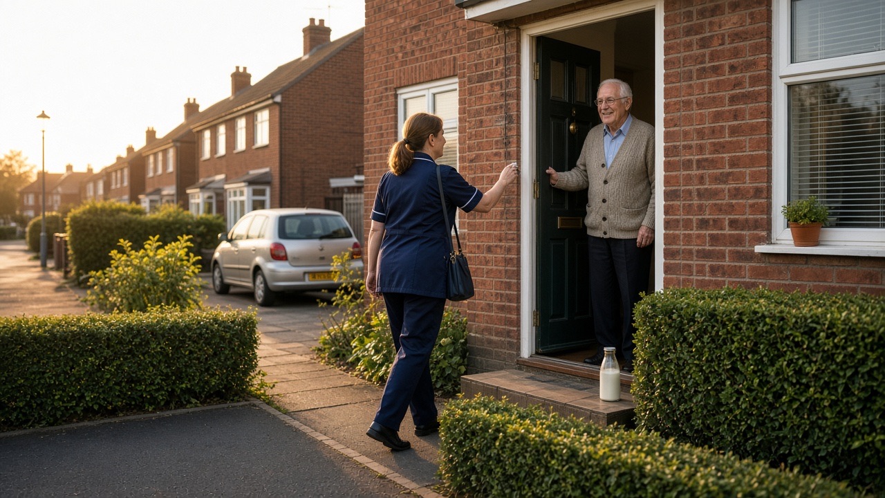 A carer arriving at the front door of a red-brick semi on a bright morning as an older man opens it to welcome her