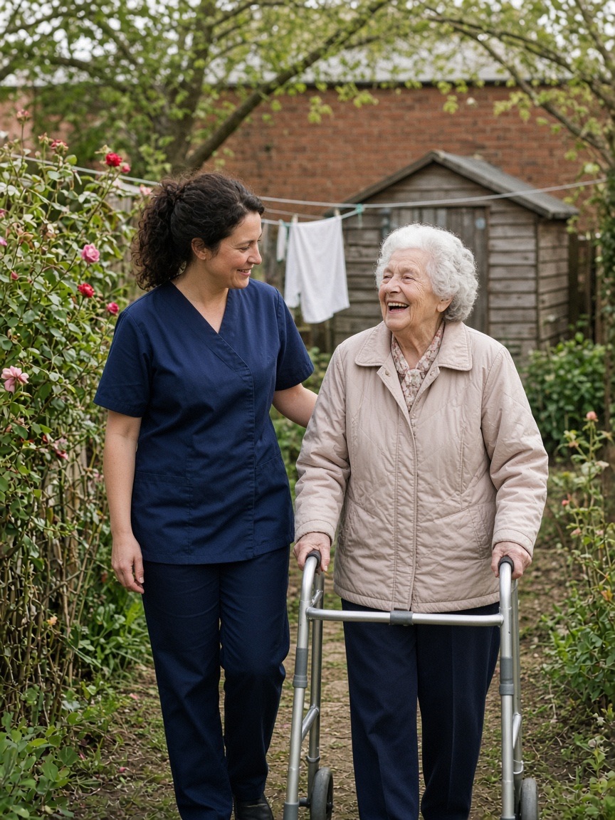 A carer walking beside an older woman with a wheeled frame in her back garden, both laughing