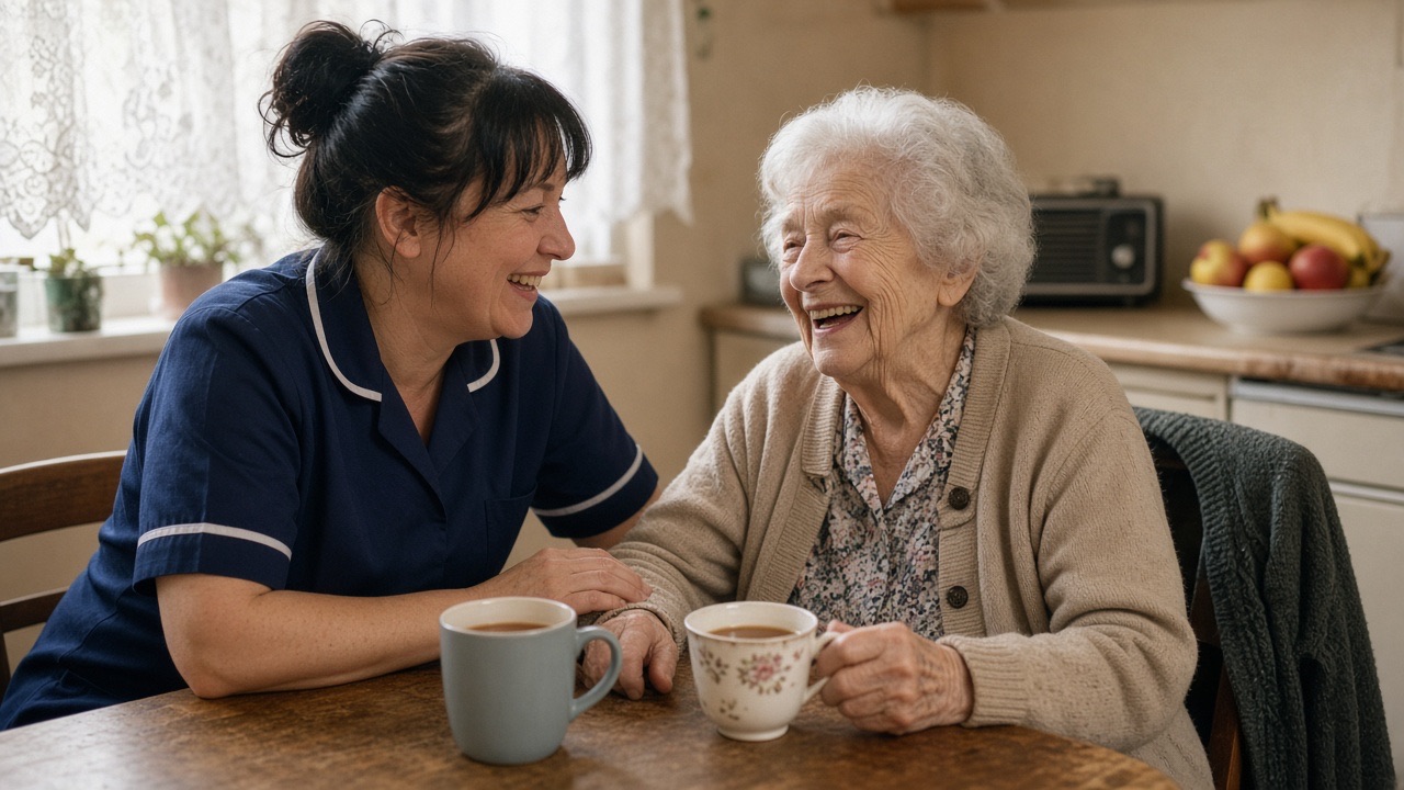 A carer and an older woman laughing together over tea at a kitchen table