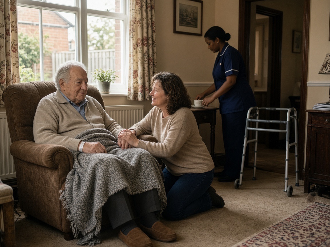 An older man home from hospital in his armchair, his daughter beside him and a carer bringing tea