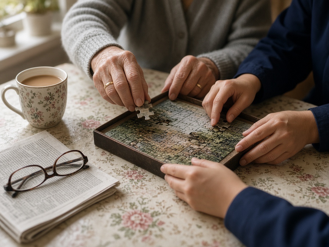 An older woman's hands and a carer's hands finishing a jigsaw at the kitchen table