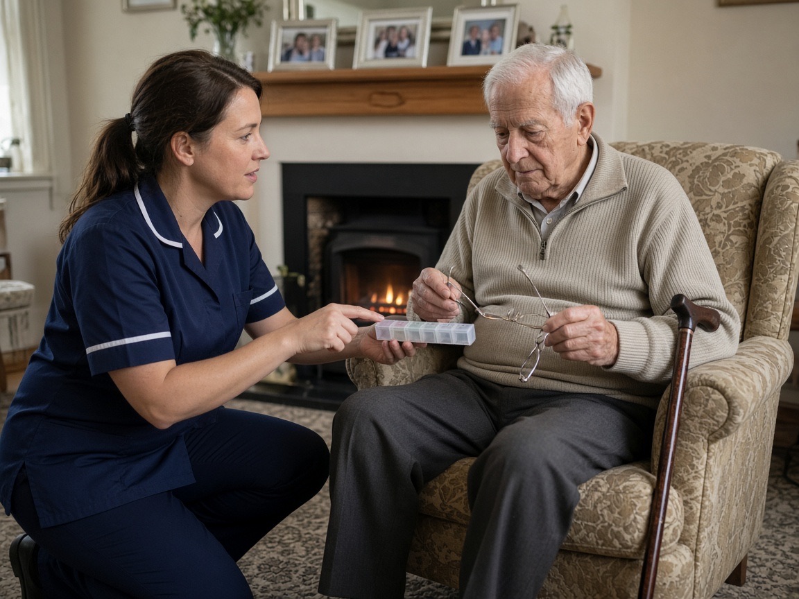 A carer explaining a weekly tablet organiser to an older man in his armchair