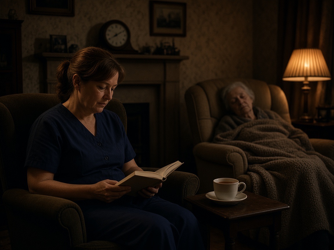 A carer reading in a lamp-lit living room while an older woman sleeps in her chair