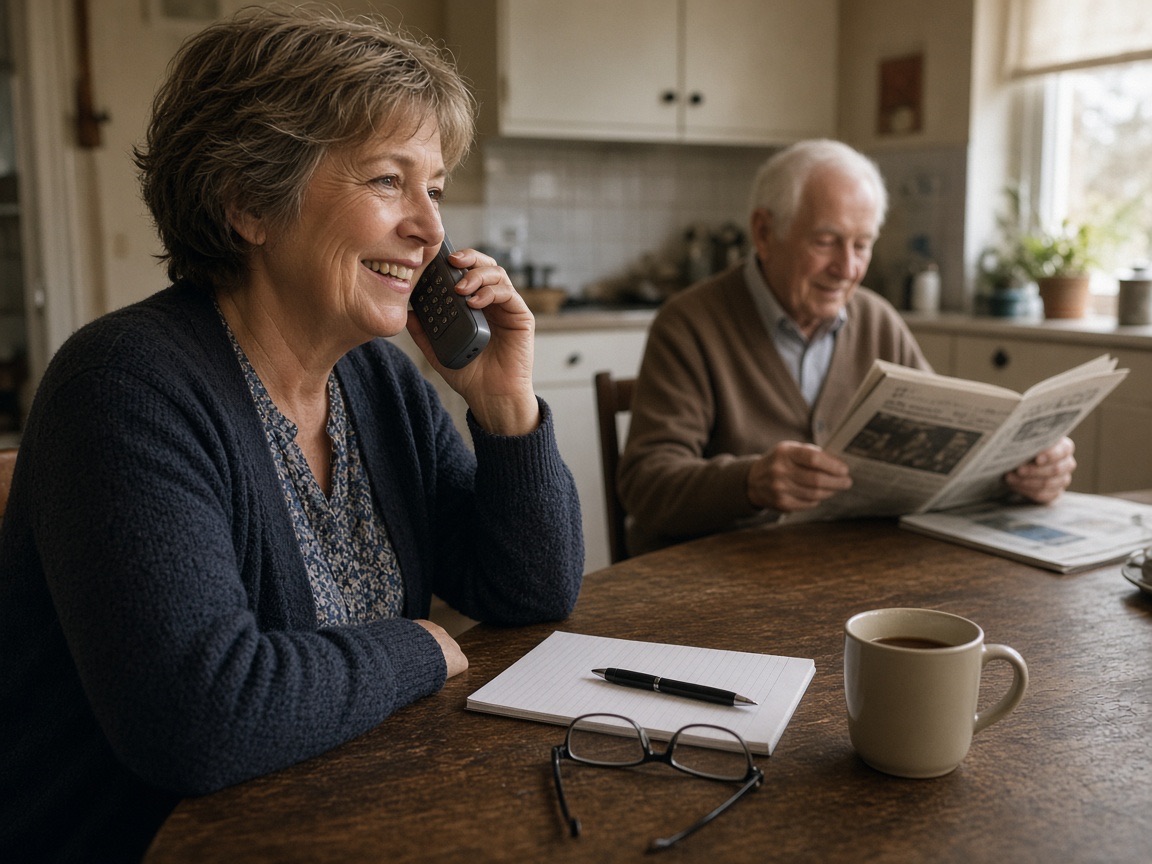 A woman smiling on the phone at her kitchen table while her father reads the paper behind her