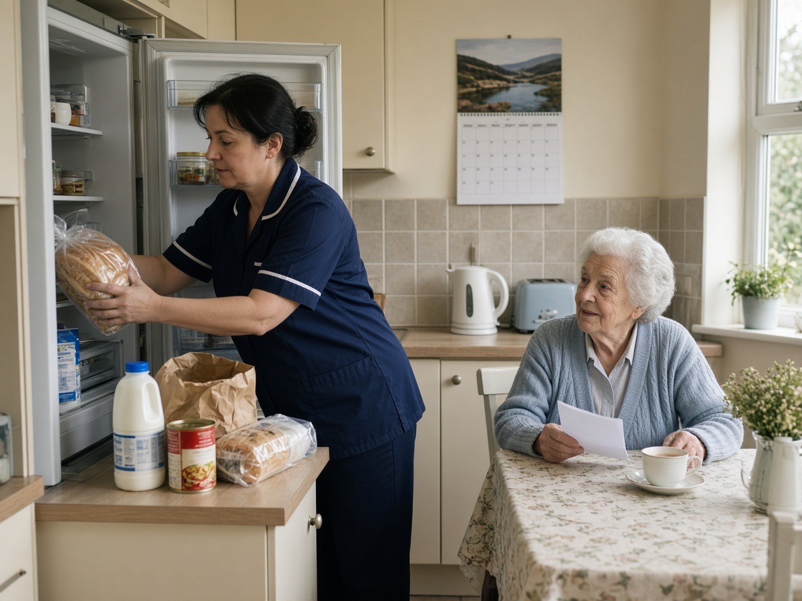 A carer putting shopping away in the fridge while an older woman sits with a cup of tea
