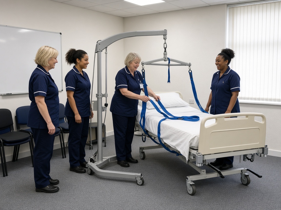 Four carers practising with a hoist and bed in a small training room