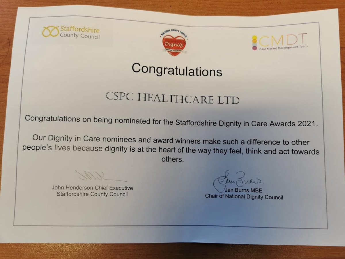 Certificate: CSPC Healthcare nominated for the Staffordshire Dignity in Care Awards 2021