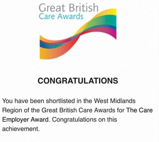 Great British Care Awards notice: shortlisted in the West Midlands region for The Care Employer Award