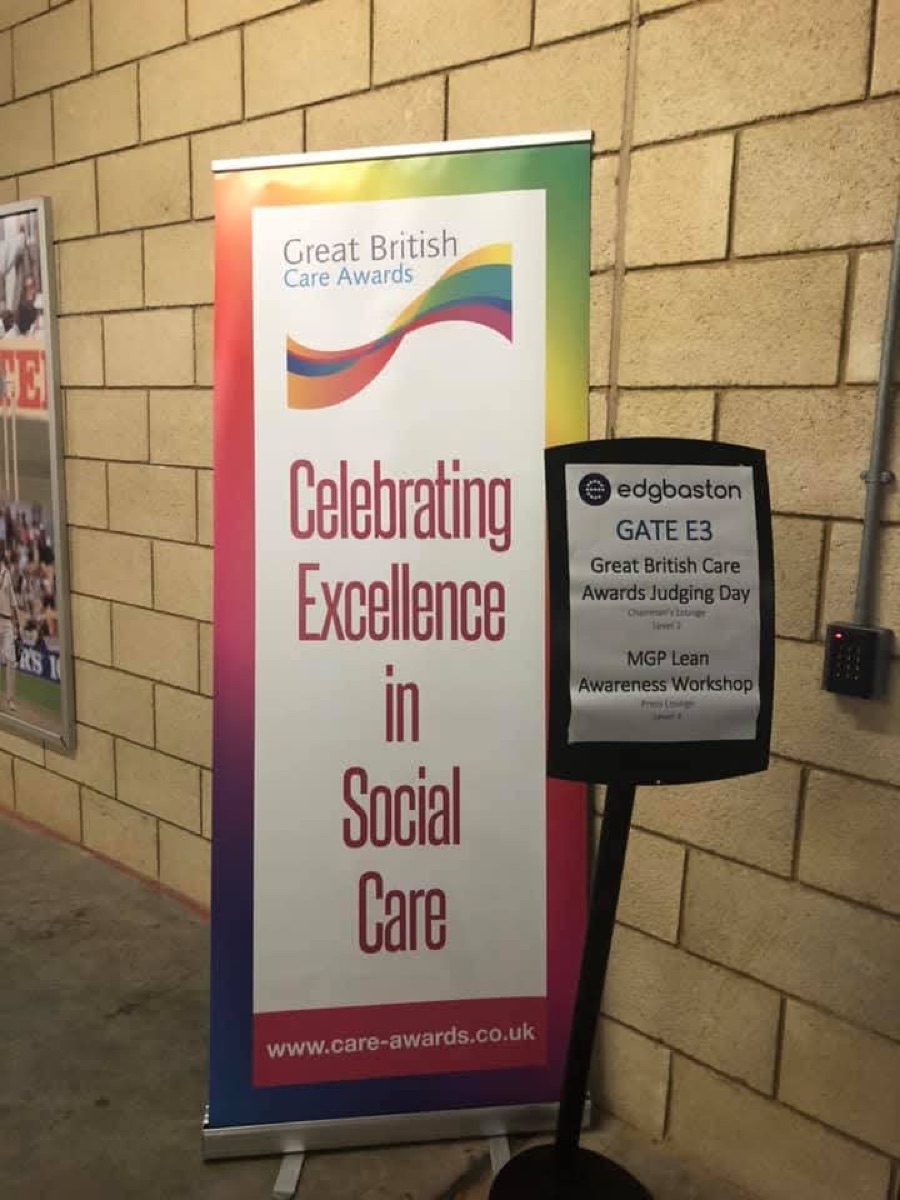 Great British Care Awards banner at the judging day, Edgbaston