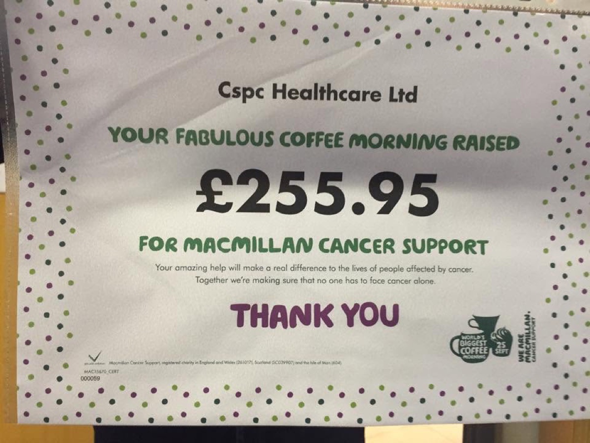Macmillan certificate: CSPC Healthcare's coffee morning raised £255.95